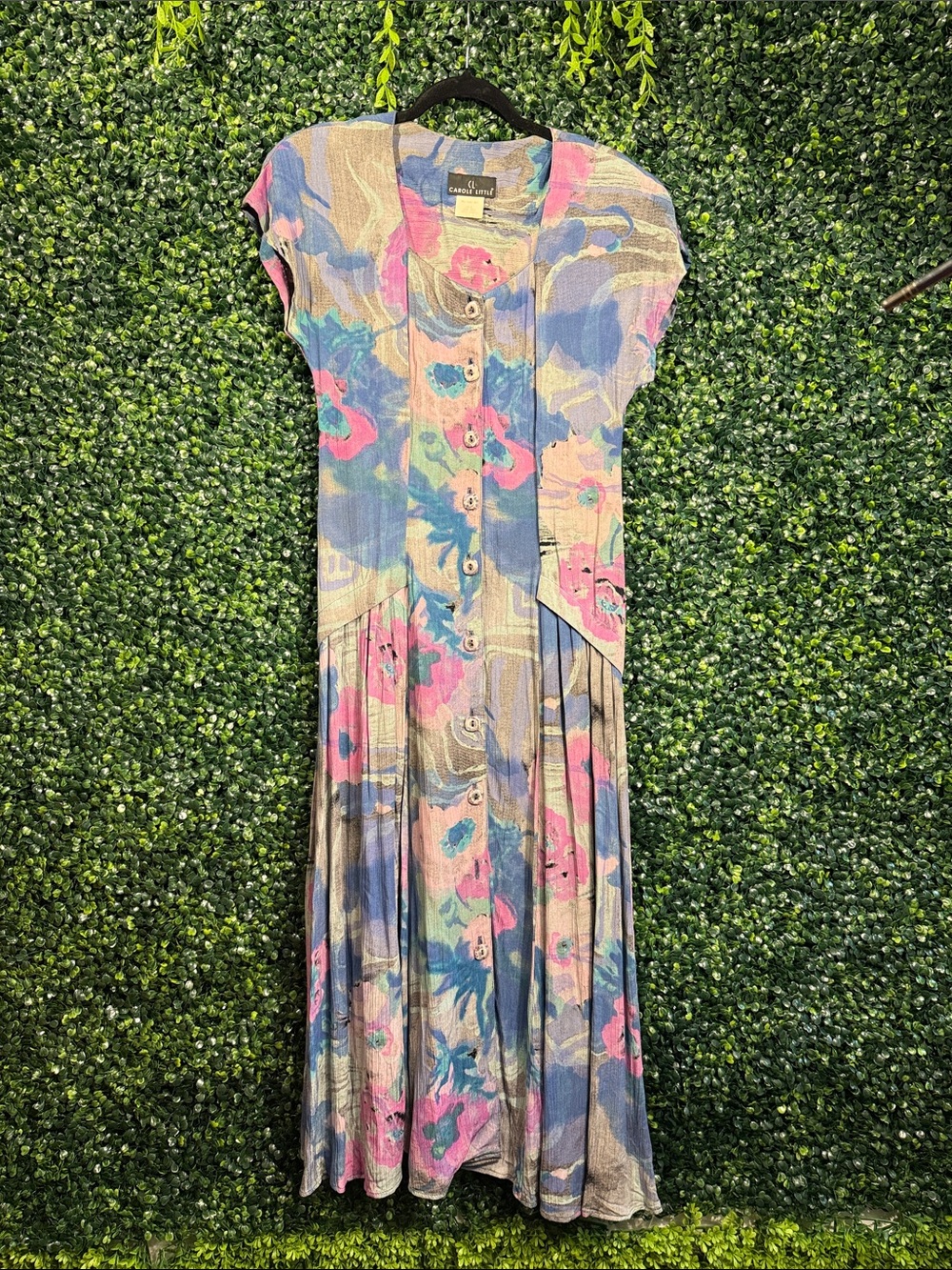 Vintage Carole Little Pastel Floral Button-Front Midi Dress in Pink and Blue